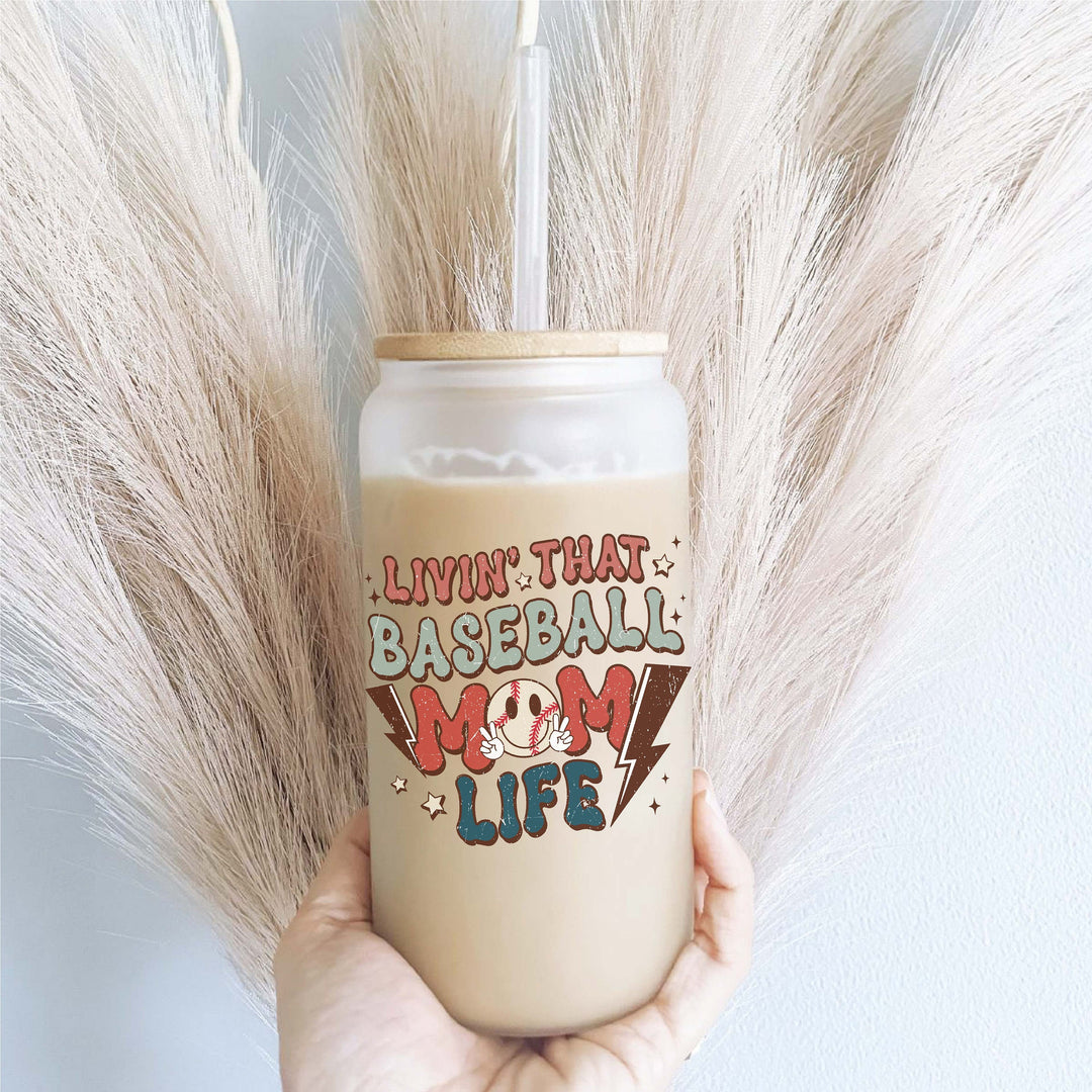 Baseball Mama Iced Coffee Glass Cup Tumbler with Lid and Straw