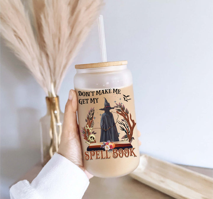 Witch spell book Iced coffee Glass cup with lid and straw Halloween glass can iced coffee glass Coffee Tumbler Halloween glass cup soda can