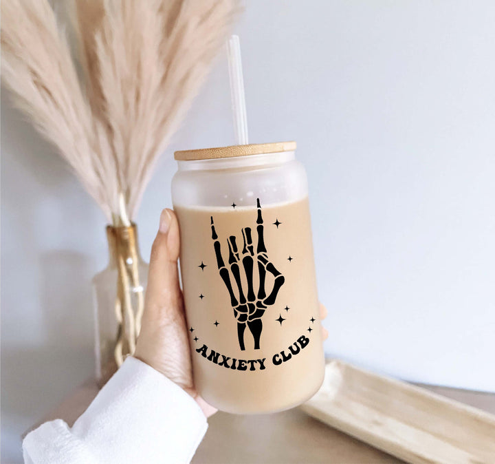 Anxiety Iced Coffee Glass with Lid and Straw Skeleton Hand Cups