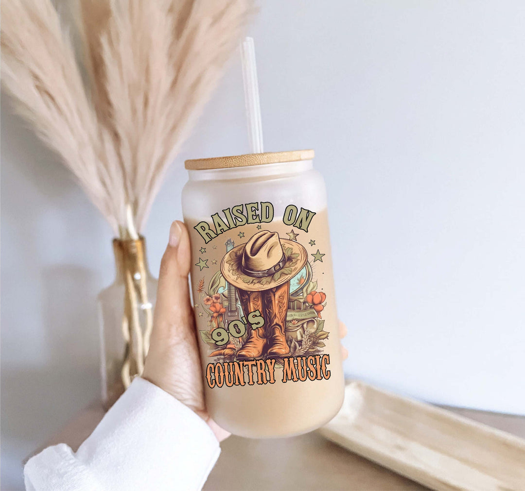Western Cow girl Iced coffee Glass cup with lid and straw Retro glass can iced coffee glass Coffee Tumbler country Music glass cup soda can