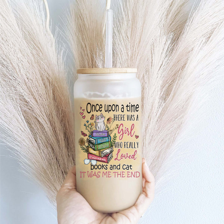Cat And Books Iced Coffee Glass With Lid And Straw Cup