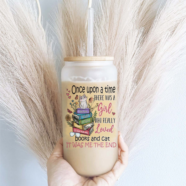 Cat And Books Iced Coffee Glass With Lid And Straw Cup