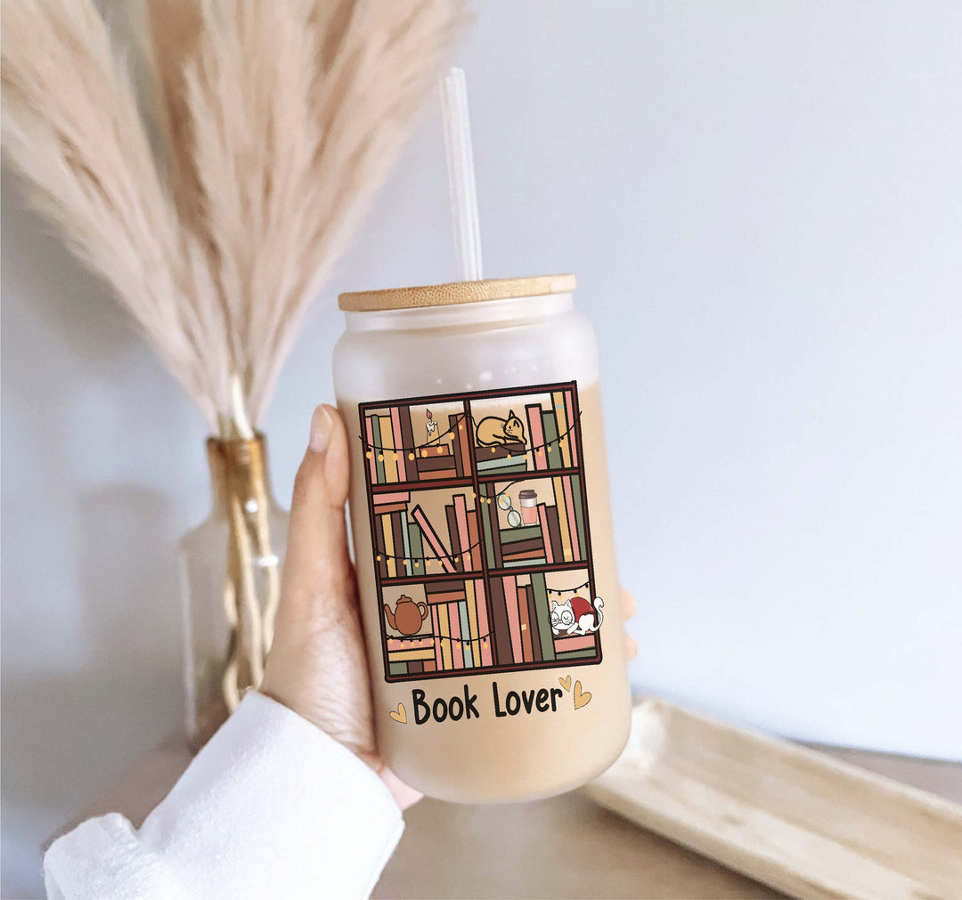 Books Iced coffee glass with lid and straw Iced coffee cups coffee glass cup frosted Soda can Tumbler Iced coffee glasses book gift Book cup