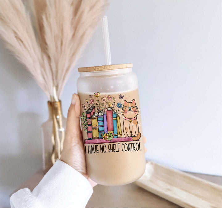 Cat and books Iced coffee glass with lid and straw coffee cups frosted Soda can Tumbler No shelf Control Iced coffee glasses Book lover gift