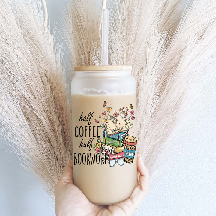 Half Book Half Bookworm Iced Coffee Glass With Lid