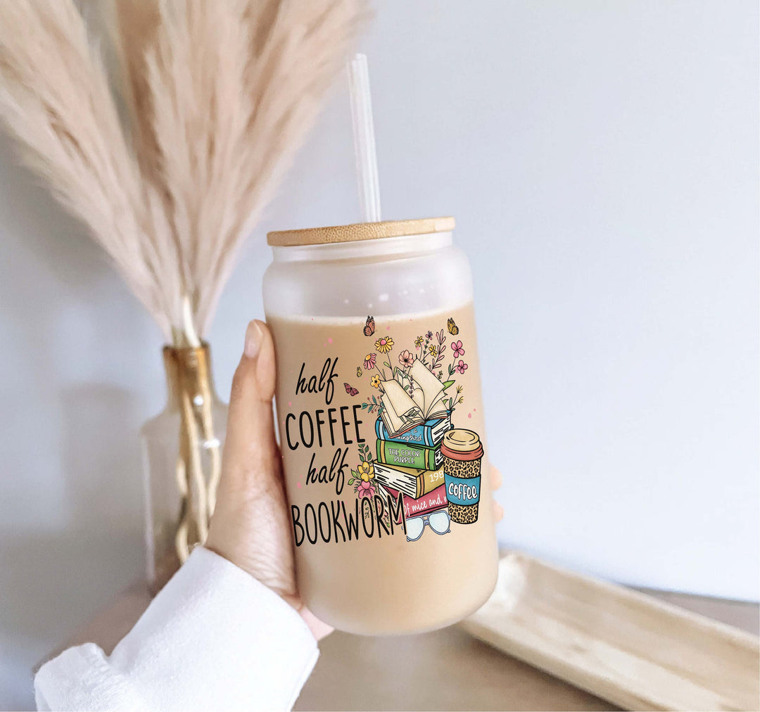 Half Book Half Bookworm Iced Coffee Glass With Lid