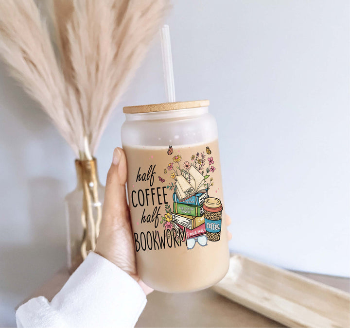 Half book half bookworm Iced coffee glass with lid and straw Iced coffee cups coffee glass cup frosted Soda can Tumblers book gift Book cup