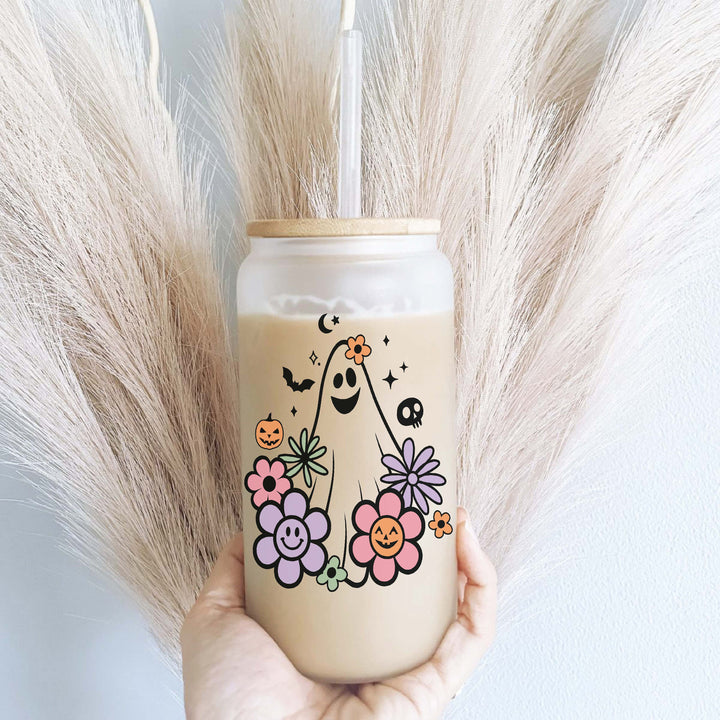 Halloween Iced Coffee Glass Cup With Lid And Straw Tumbler