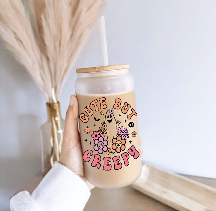 Creepy Retro Ghost Halloween Iced Coffee Glass Cup Tumbler