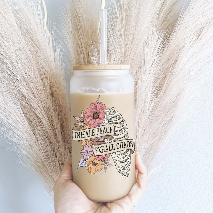 Inhale peace Exhale Chaos Iced coffee glass with lid and straw Sarcastic&nbsp;Iced coffee cups Iced coffee glass cup frosted Soda can glass cup