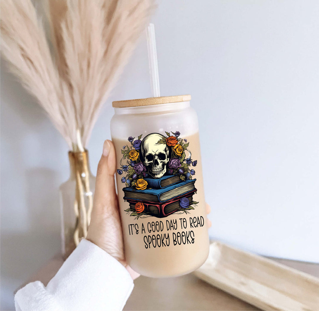 Skeleton Good day to read a book Halloween Iced coffee Glass cup with lid and straw Halloween glass can iced coffee glass Coffee Tumbler