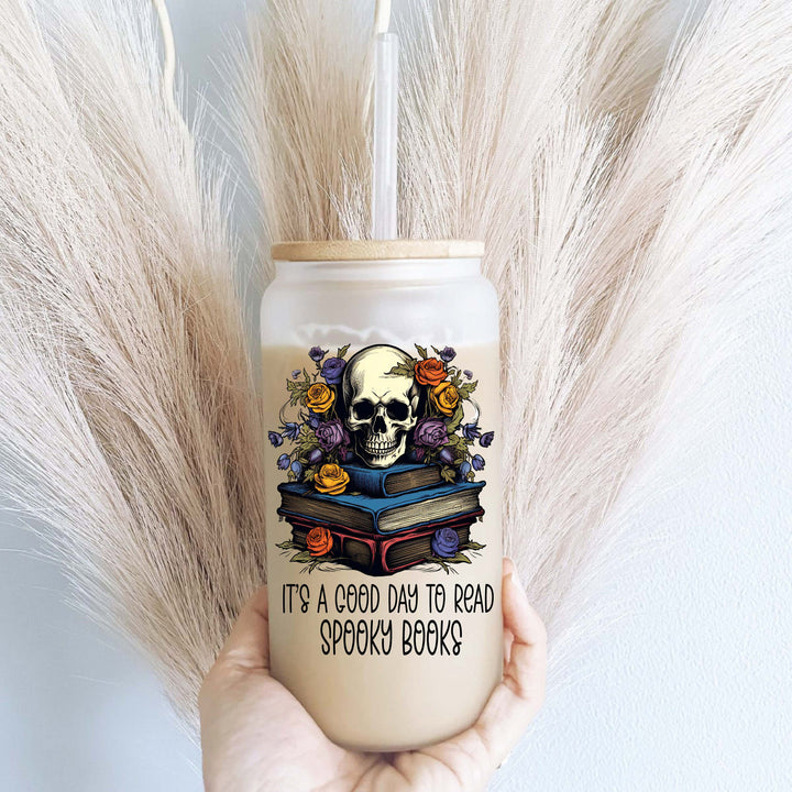 Skeleton Good day to read a book Halloween Iced coffee Glass cup with lid and straw Halloween glass can iced coffee glass Coffee Tumbler