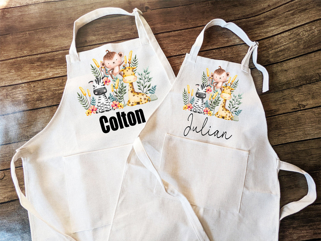 Personalized Animal Safari Kids Apron with Pocket Custom Toddler Baking Apron Ideal Children's Baking Gift