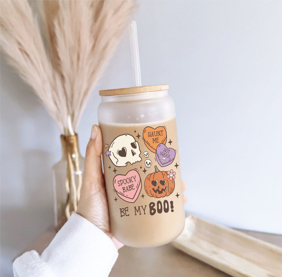 Retro Ghost Halloween Iced Coffee Glass Cup with Lid