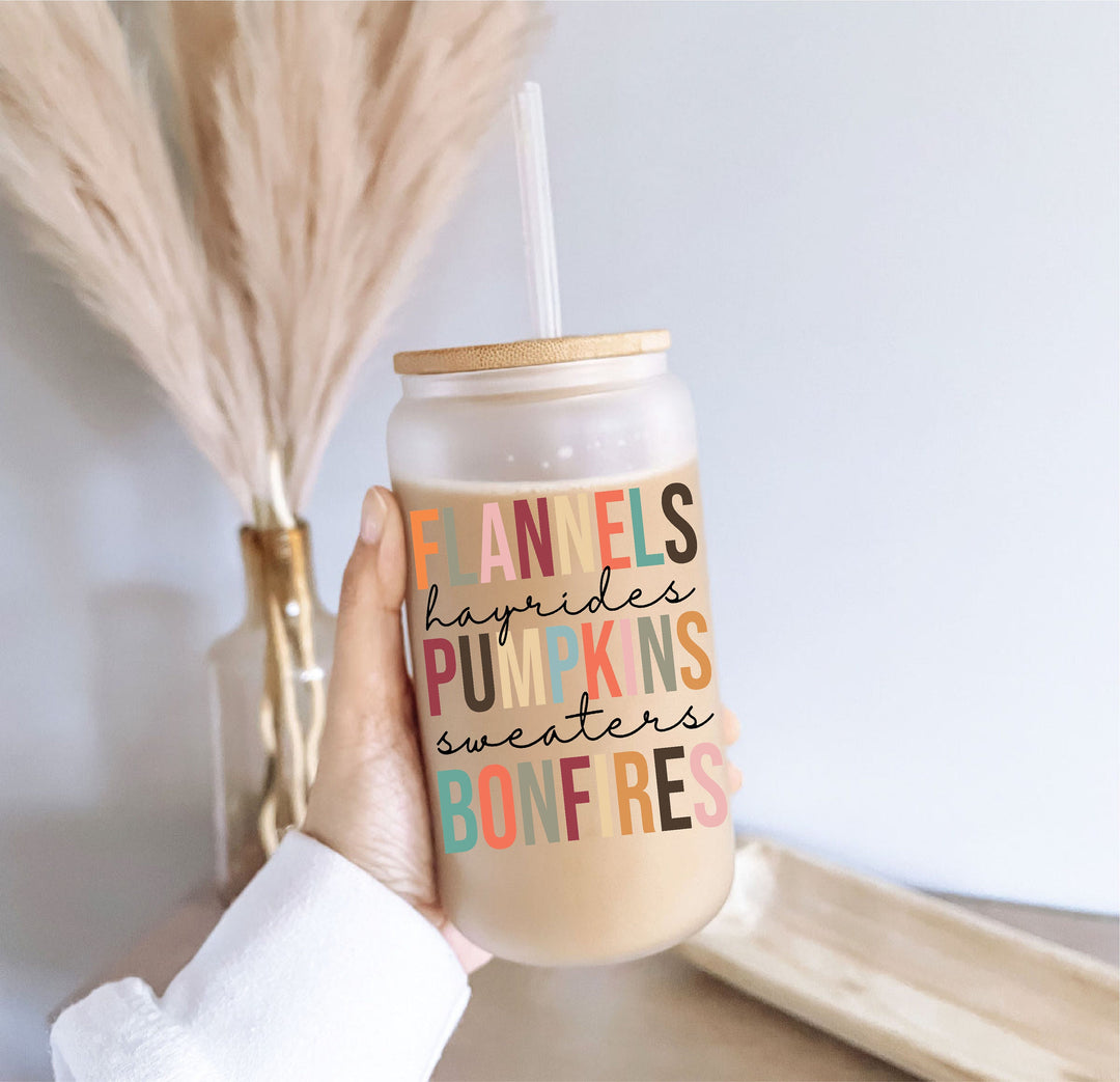 Fall Pumpkins Hayrides Sweater Bonfires Fall Glass Iced coffee cups can tumbler with lid and straw&nbsp;Autumn Glass gift coffee tumblers