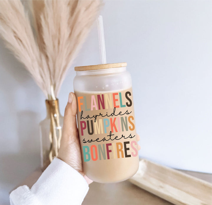 Fall Pumpkins Hayrides Sweater Bonfires Glass Tumbler