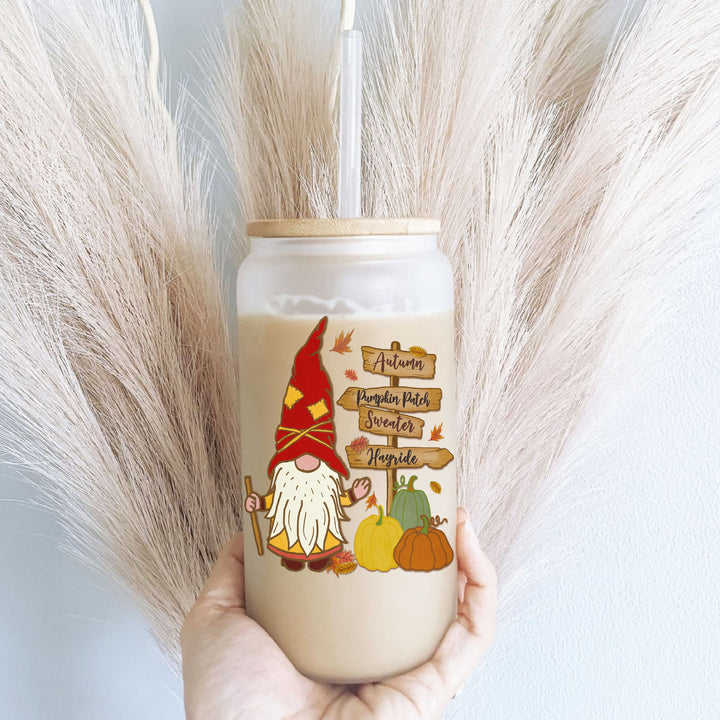 Fall Gnomes Autumn Iced coffee cups Hay rides Pumpkin patch sweater Hayride Glass cup can Tumbler 16 oz Glass cup with lid and straw