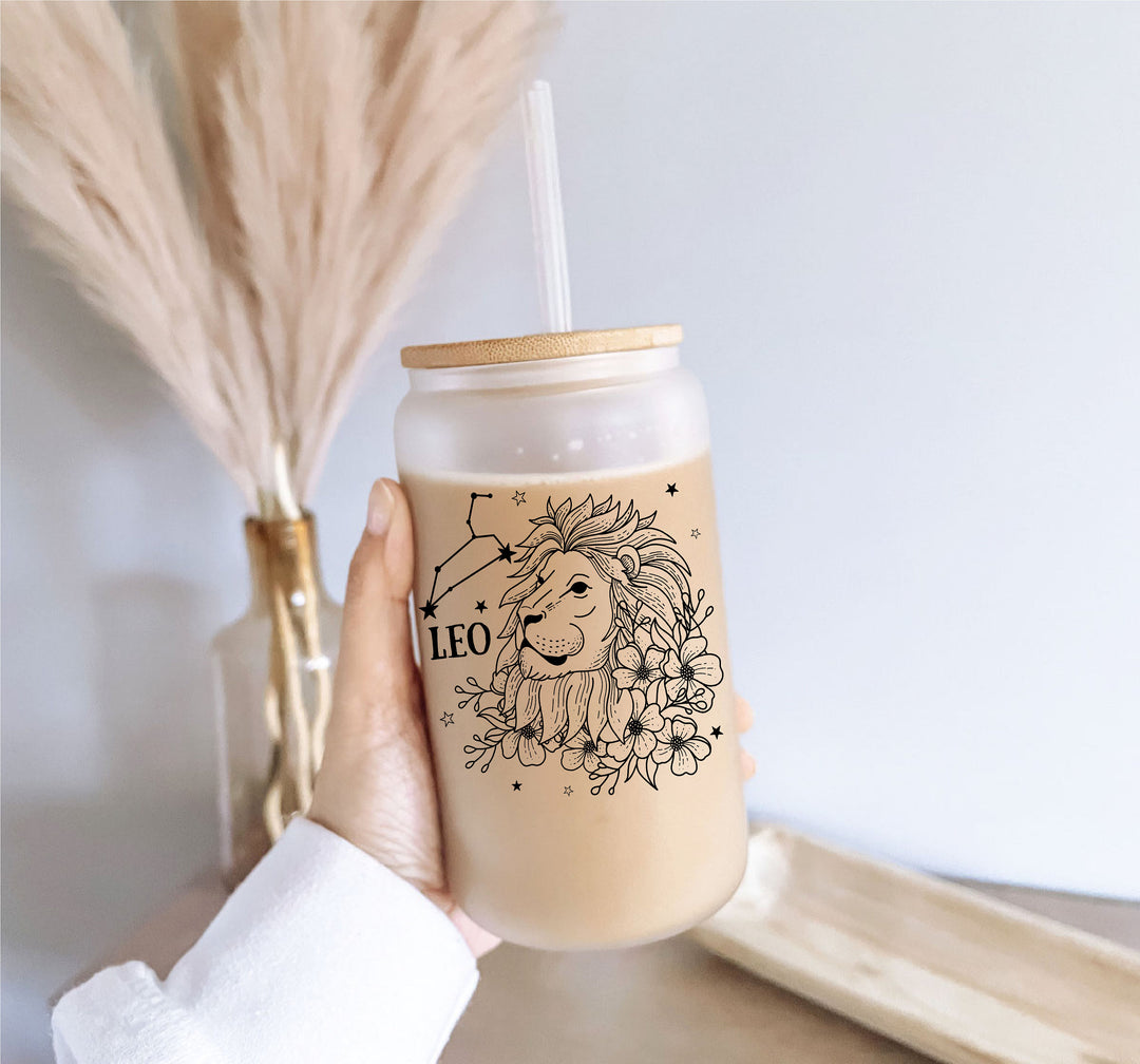 Floral Zodiac iced coffee cup with name Lid &amp; straw Birth Zodiac sign iced coffee cups Birthday Gift for her Horoscope coffee cups Astrology