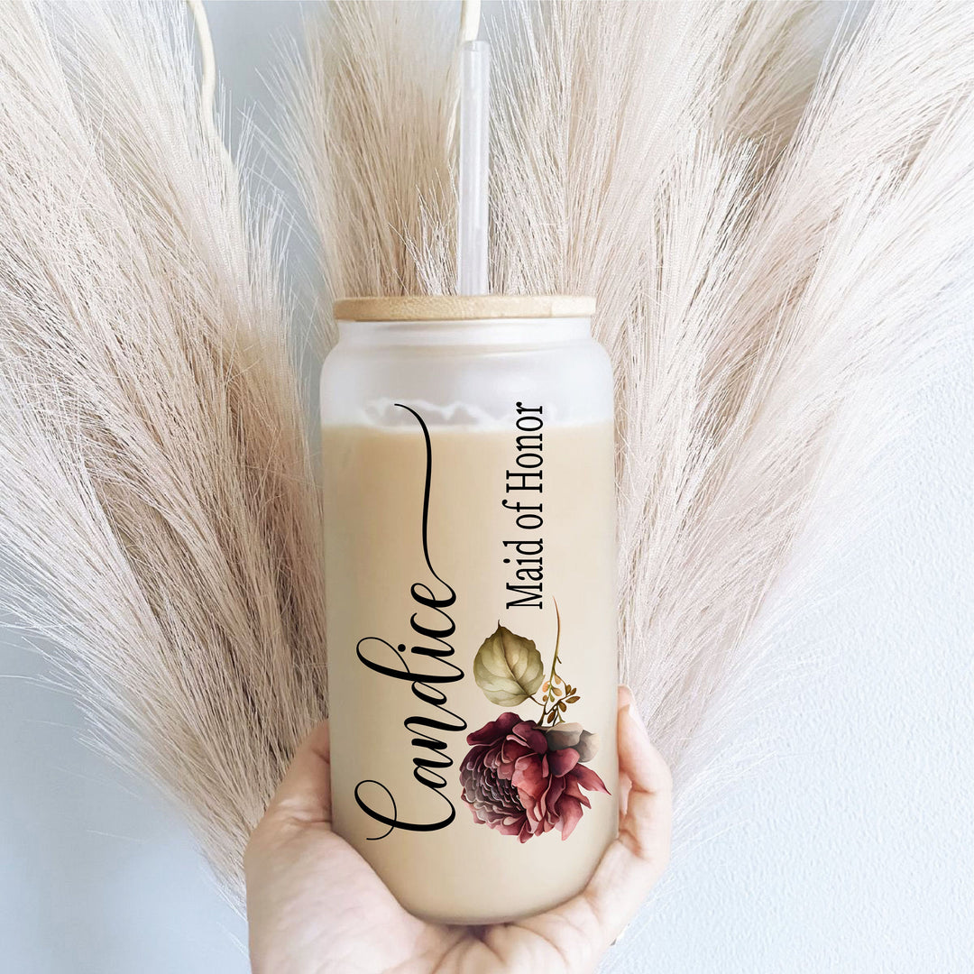 Personalized Bridesmaid Coffee Glass With Lid Custom Gift