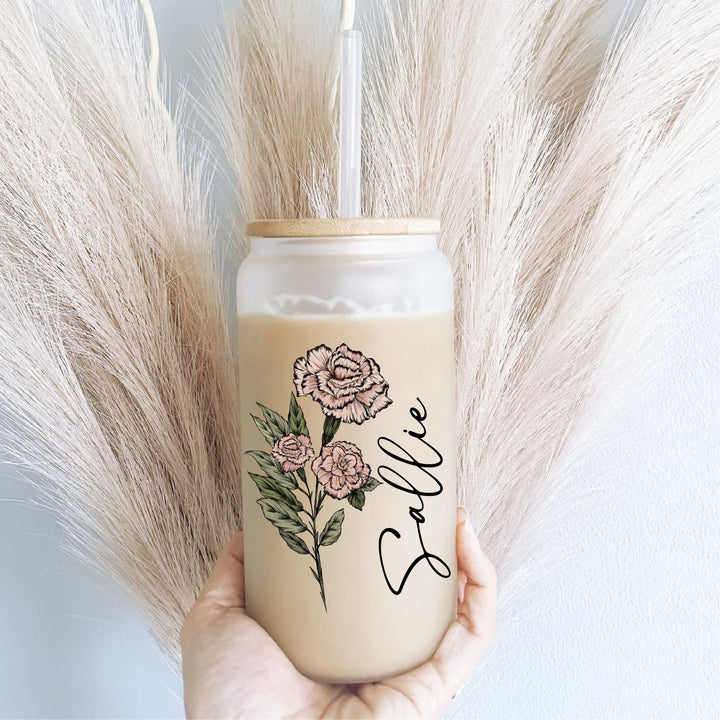 Birth Flower Iced Coffee Cup Personalized with Lid Straw