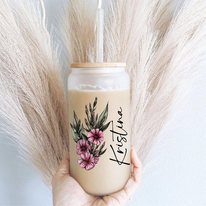 Birth Flower Iced Coffee Cup Personalized with Lid Straw