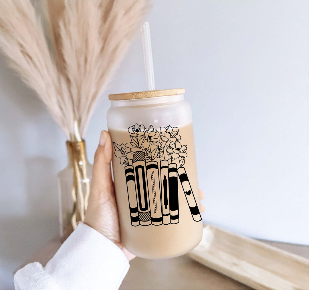 Floral Books Iced Coffee Glass Cup With Lid And Straw