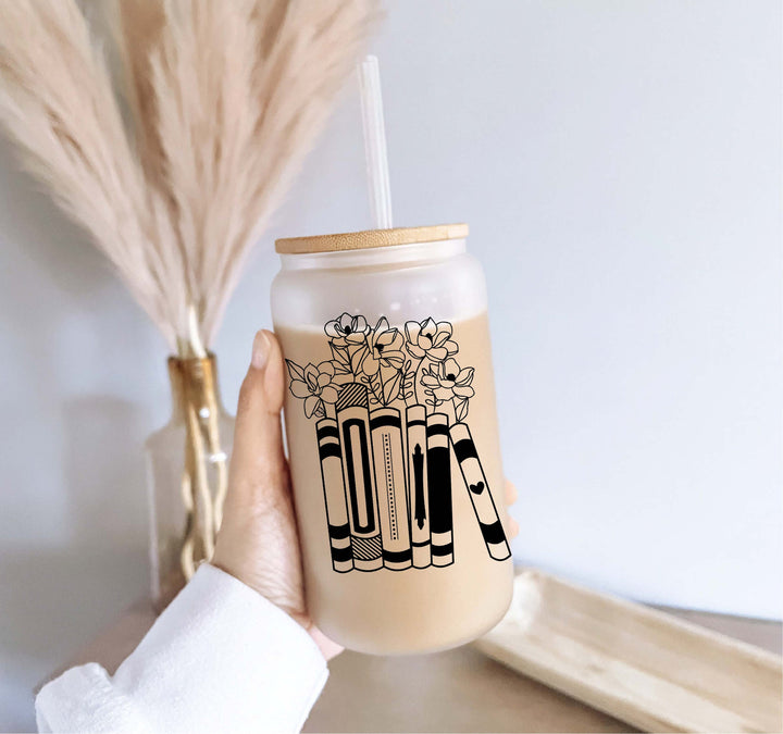 Floral Books Iced Coffee Glass Cup With Lid And Straw