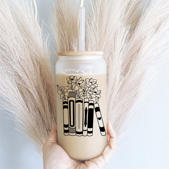 Floral Books Iced Coffee Glass Cup With Lid And Straw