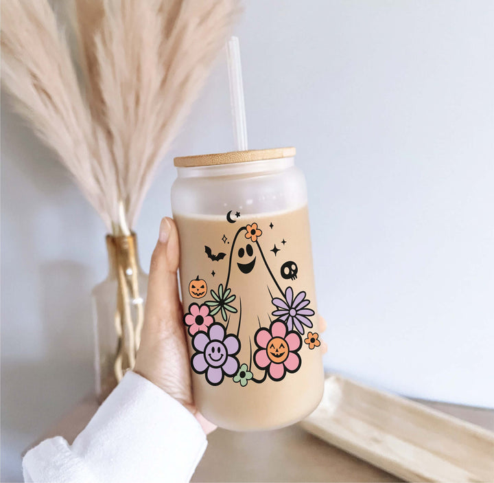 Halloween Iced Coffee Glass Cup With Lid And Straw Tumbler