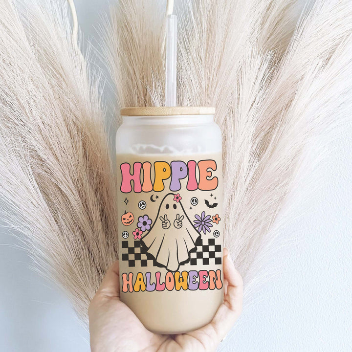 Retro Ghost Halloween Iced Coffee Glass Cup with Lid