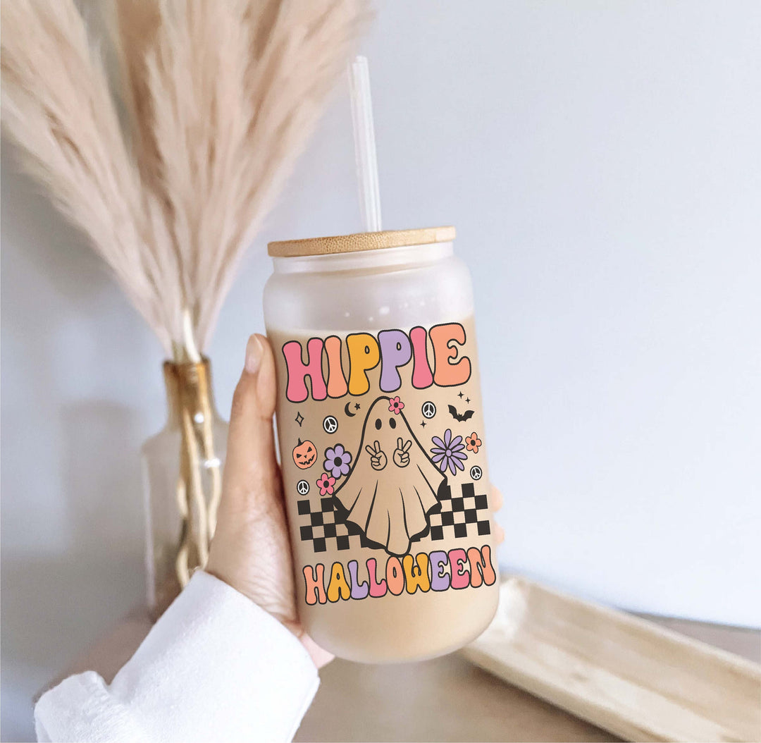 Retro Ghost Halloween Iced Coffee Glass Cup with Lid