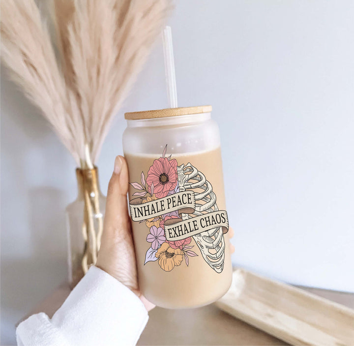 Inhale Peace Exhale Chaos Iced Coffee Glass Cup With Lid