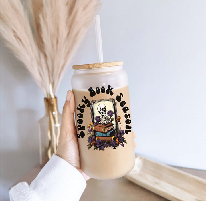 Spooky book season Halloween Iced coffee Glass cup with lid and straw Halloween glass can iced coffee glass Coffee Tumbler