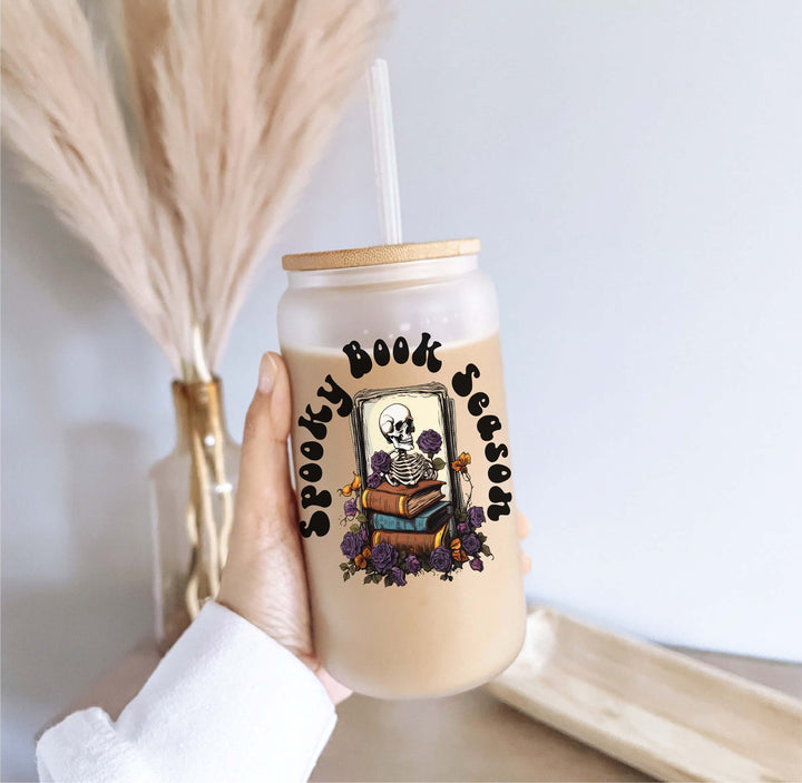 Spooky Book Season Halloween Iced Coffee Glass Cup Tumbler