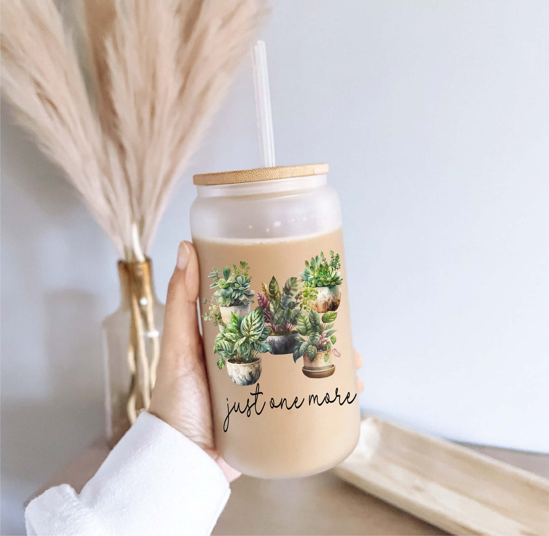 One more plant Iced coffee glass with lid and straw Iced coffee cups Iced coffee glass cup frosted can Plant lover gift Plant lover glass