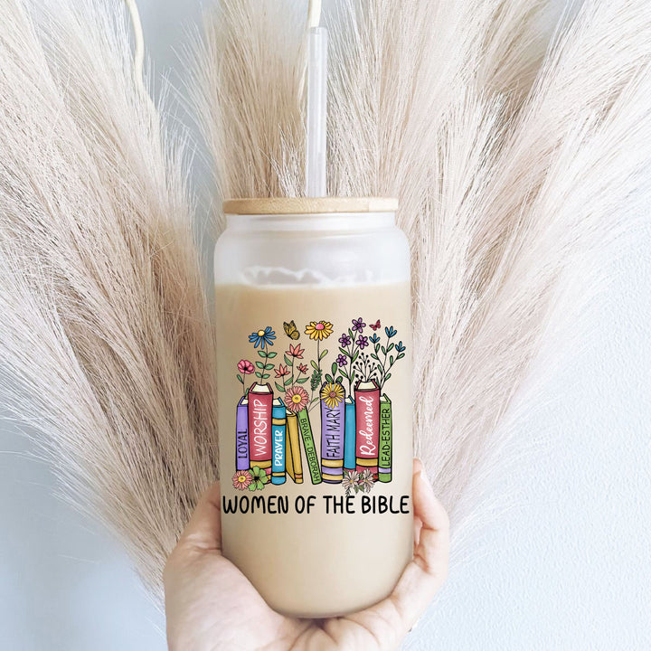 Women of the Bible Iced Coffee Glass Cup with Lid and Straw