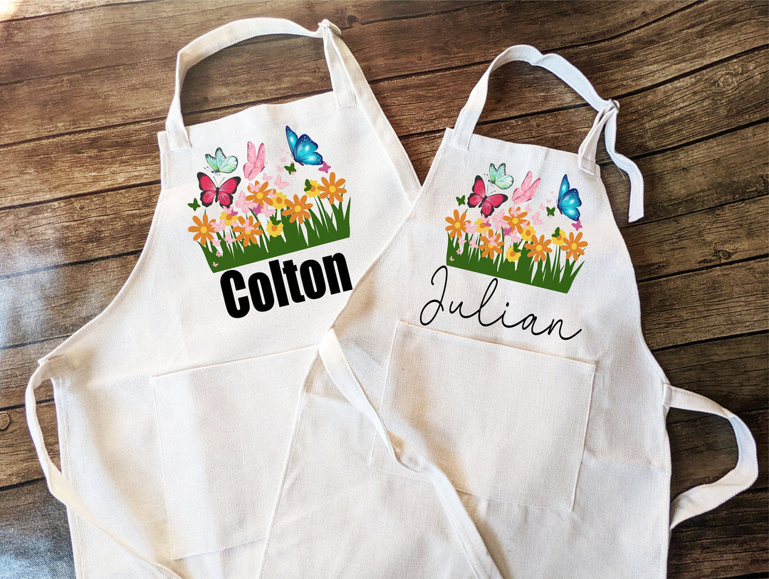 Personalized butterfly kids apron with Pocket Custom kids apron Toddler Personalized Baking apron Kid baking Gift Children baking apron gift