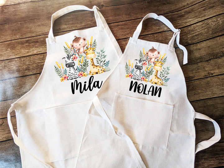 Personalized Animal Safari Kids Apron with Pocket Custom Toddler Baking Apron Ideal Children's Baking Gift