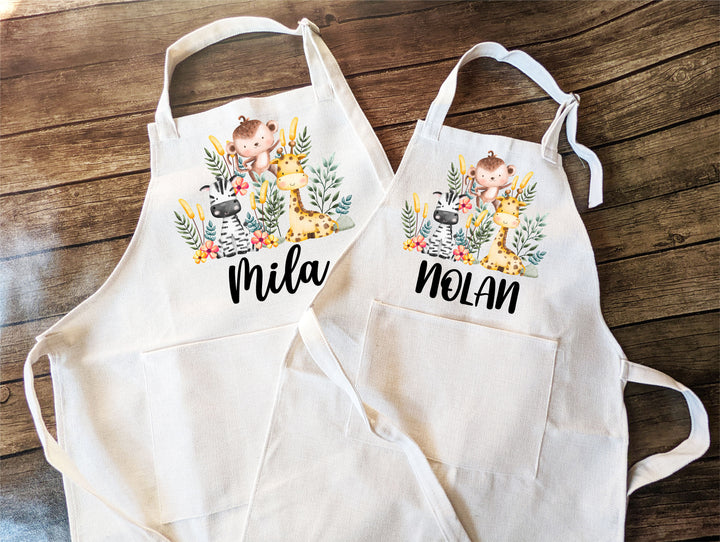 Personalized Animal Safari Kids Apron with Pocket - Custom Toddler Baking Apron - Ideal Children's Baking Gift