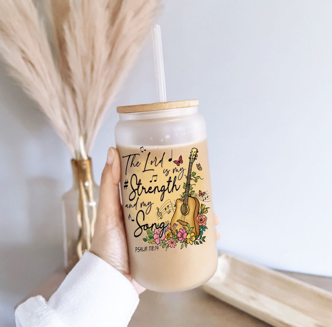 Faith Based Iced Coffee Glass Cup with Lid and Straw