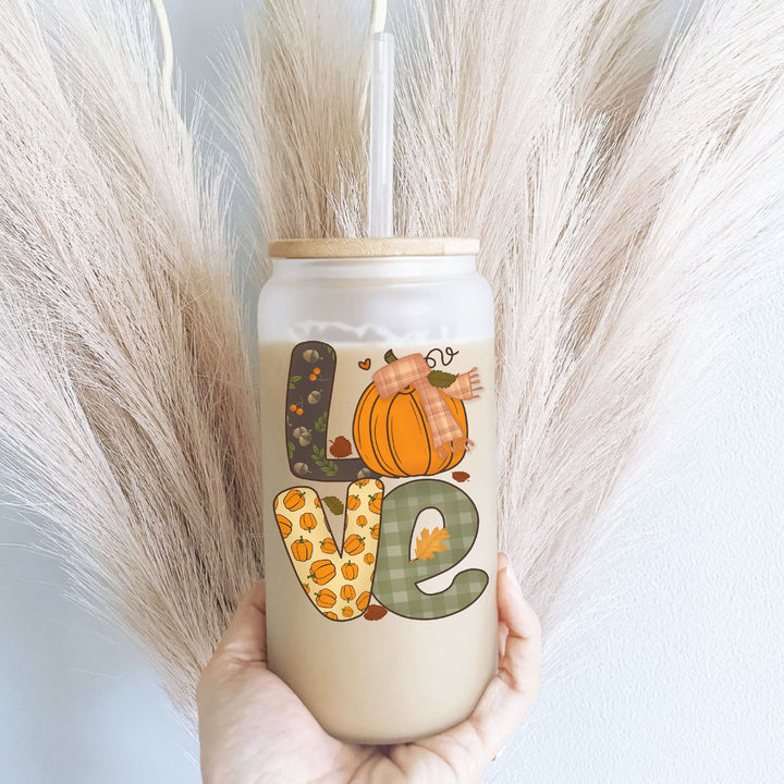 Fall Love Pumpkin iced coffee cup Love Fall cold drink glass can tumblers&nbsp;16 oz Glass with lid and straw Autumn coffee tumblers Coffee cup