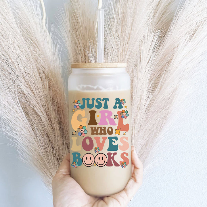 Just a girl loves books Iced coffee glass with lid and straw Iced coffee cups coffee glass cup frosted Soda can Tumblers book gift Book cup