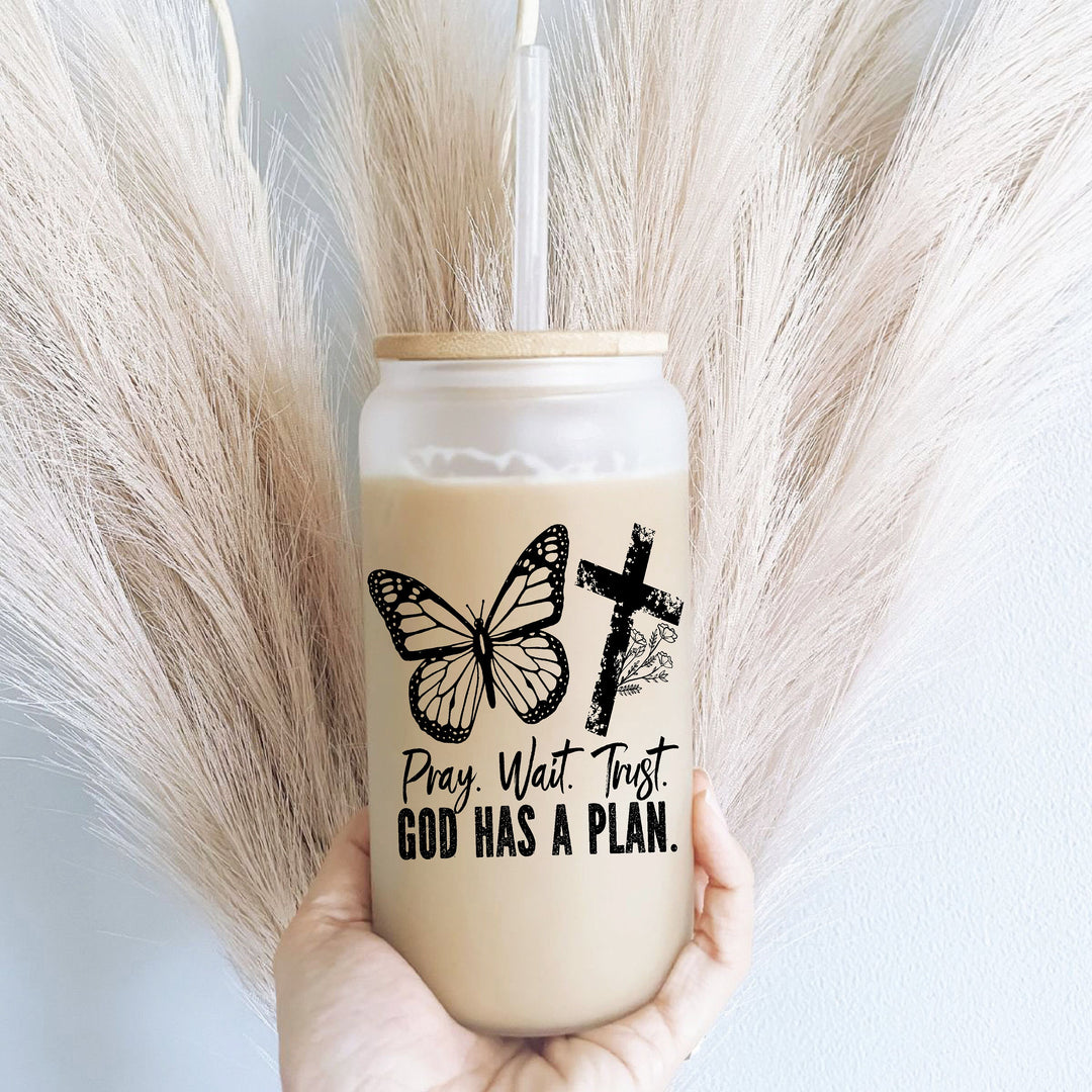 God Has A Plan Iced Coffee Glass Cup With Lid Christian Gift