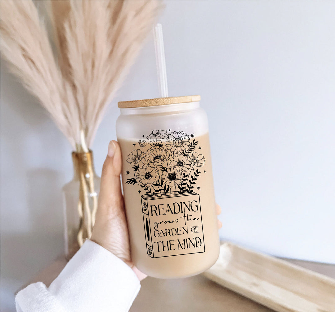 Reading grows mind floral Iced coffee glass with lid and straw Iced coffee cup Iced coffee glass cup frosted Soda can Tumbler coffee glass