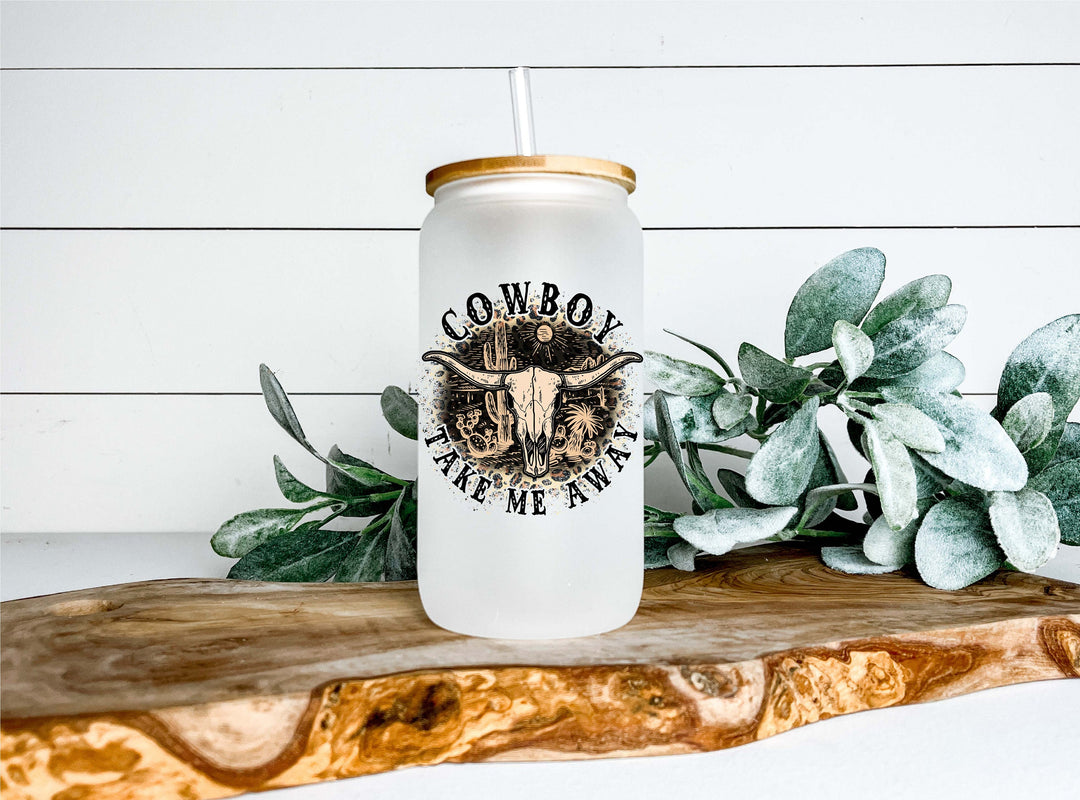 Western Cow boy take me away Iced coffee cup with lid and straw Retro glass can iced coffee glass Coffee Tumbler Western bull coffee cups