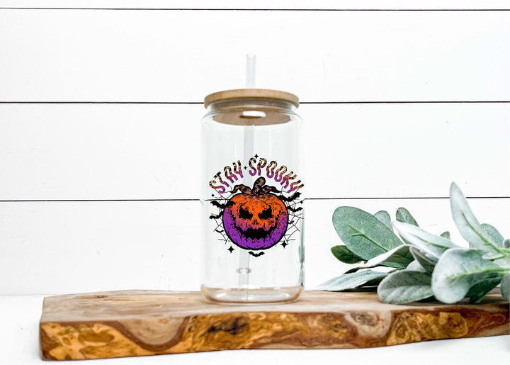 Halloween Iced coffee Glass cup with lid and straw Stay spooky Halloween glass can iced coffee glass Coffee Tumbler Halloween pumpkin glass