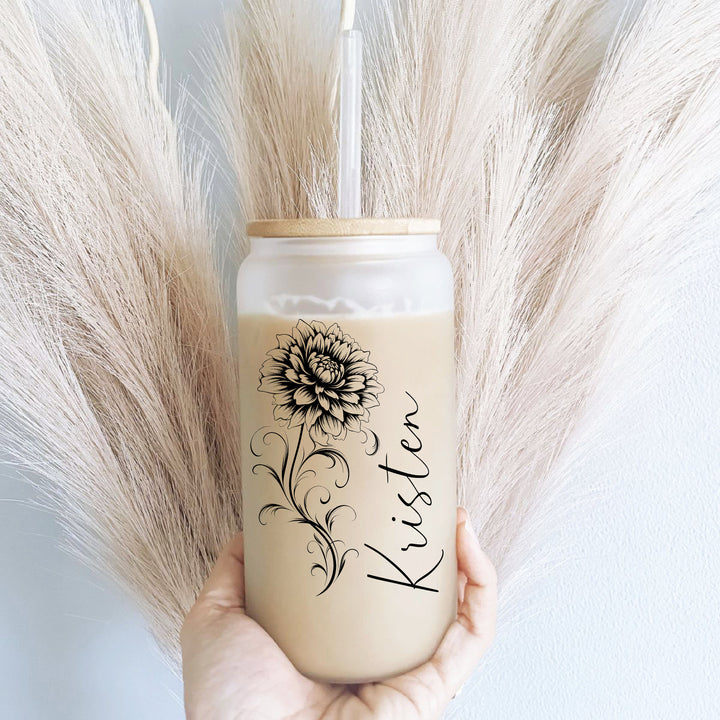 Personalized Birth Flower Iced Coffee Cup Lid & Straw