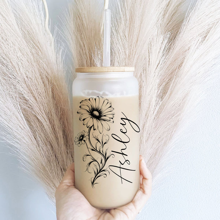 Personalized Birth Flower Iced Coffee Cup Lid & Straw