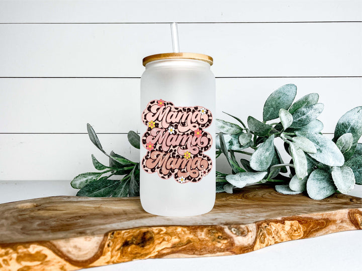 Retro Mama Iced coffee Glass cup with lid &amp; straw mom gift tumbler Pregnancy reveal gift for mama Floral mama gift Tumbler mom gift birthday