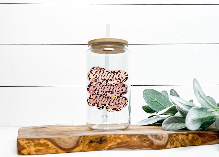 Retro Mama Iced coffee Glass cup with lid &amp; straw mom gift tumbler Pregnancy reveal gift for mama Floral mama gift Tumbler mom gift birthday